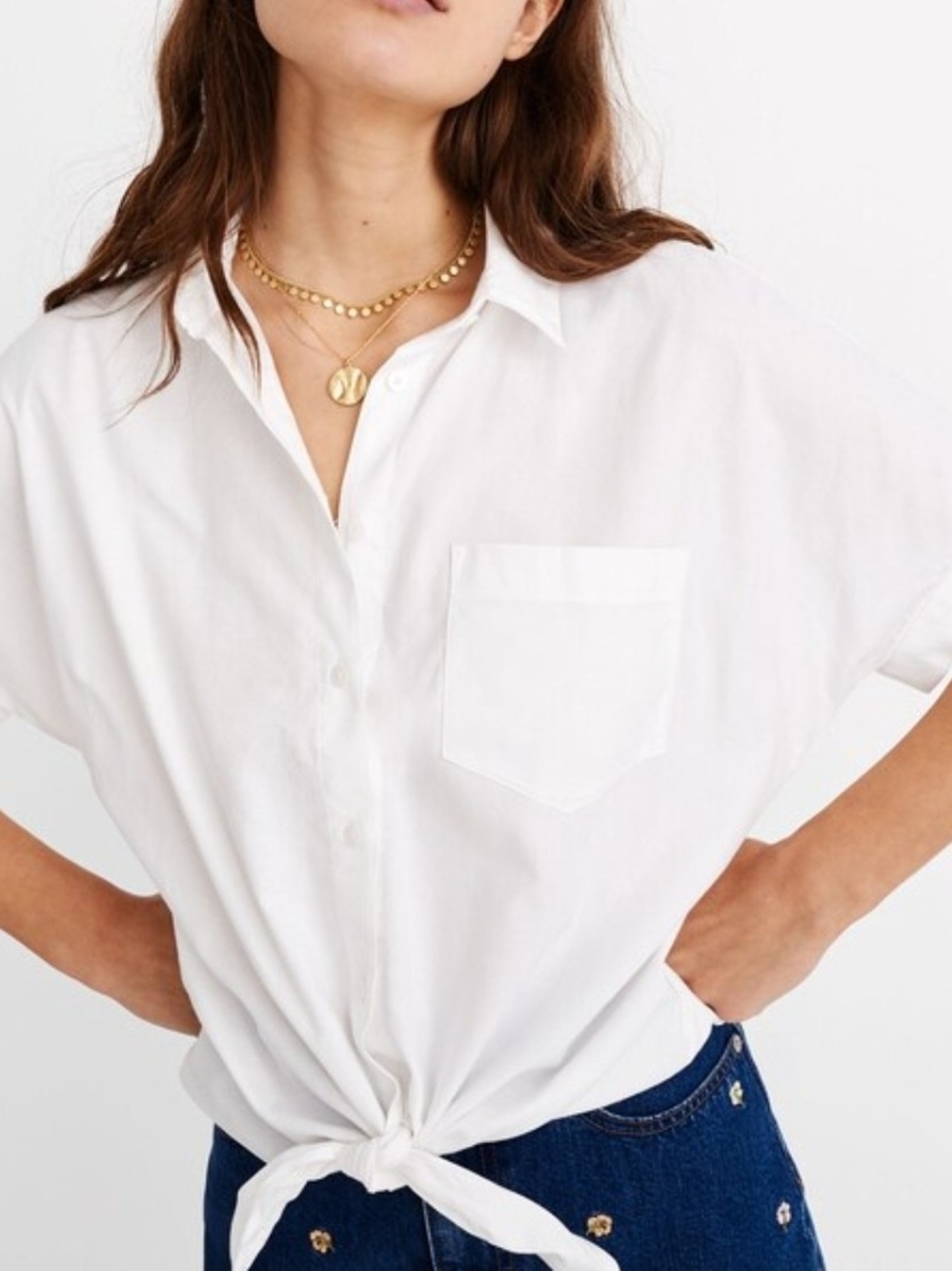 Madewell Women White 100% Cotton Woven Button-Up Tie Front Short Sleeve Size XS